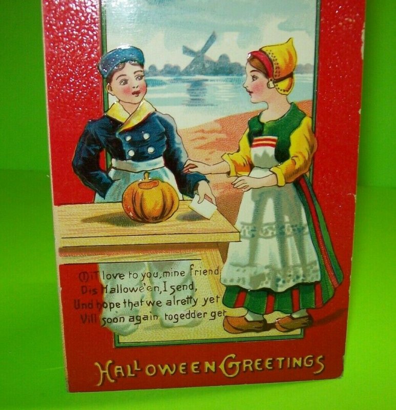 Halloween Greetings Postcard Dutch Windmill Bats Embossed Portland 1910 Gel Coat 