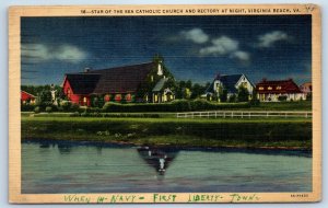 1942 Virginia Beach VA Vintage Postcard Star Sea Catholic Church Rectory Night