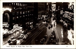 Real Photo Postcard Rainy Night on Times Square in New York City, New York