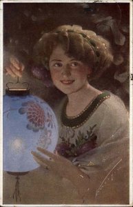 Art Nouveau Beautiful Woman Painted Chinese or Japanese Lantern Postcard