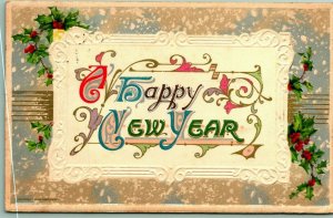 John Winsch A Happy New Year Holly Snow Embossed 1911 DB Postcard