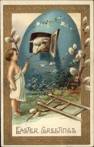 Easter Fantasy Little Boy Visits Sheep in Egg Stall c1910 Vintage Postcard