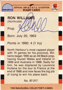 Ron Williams North Harbour 1991 Hand Signed Rugby Card Photo Please Read