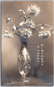 Flowers In Vase Happy Birthday Greeting From Maurice Real Photo RPPC Postcard