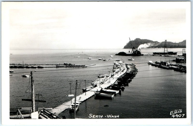c1950s Sekiu, WA RPPC Boat Docks Harbor Barge Real Photo Postcard Vtg Wash A113