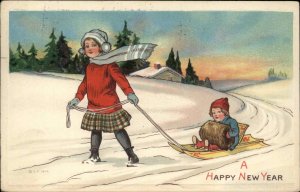 New Year Little Girl Pulls Boy Brother on Sled Vintage Postcard