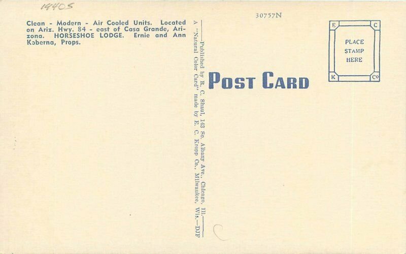 Arizona Casa Grande Horseshoe Lodge Shaul Kropp linen roadside Postcard 22-1728