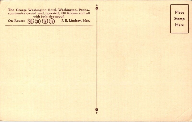 Postcard The Pioneer Grill, George Washington Hotel in Washington, Pennsylvania