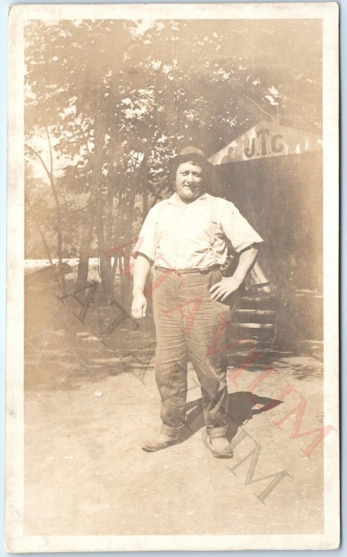 c1910s Handsome Big Man Outdoors RPPC J.T.C. Shack Photo No Postcard Marks A159