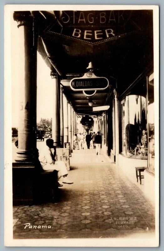 Postcard RPPC c1940s Panama Colon Sidewalk View of Shops M Dialdas & Sons Beer