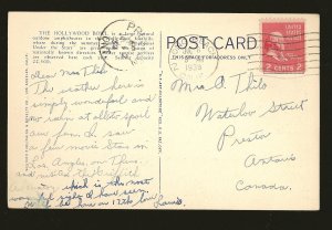 USA Postmark 1939 Long Beach Calif Hollywood Bowl Hollywood Calif Linen Postcard