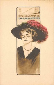 Edwardian Woman Hat Theatre c1910s Hand-Colored Art Vintage Postcard