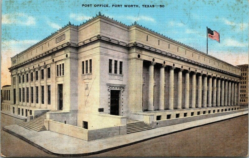 US Post Office Fort Worth Texas TX Flag Linen Postcard VTG UNP Unused Vintage 