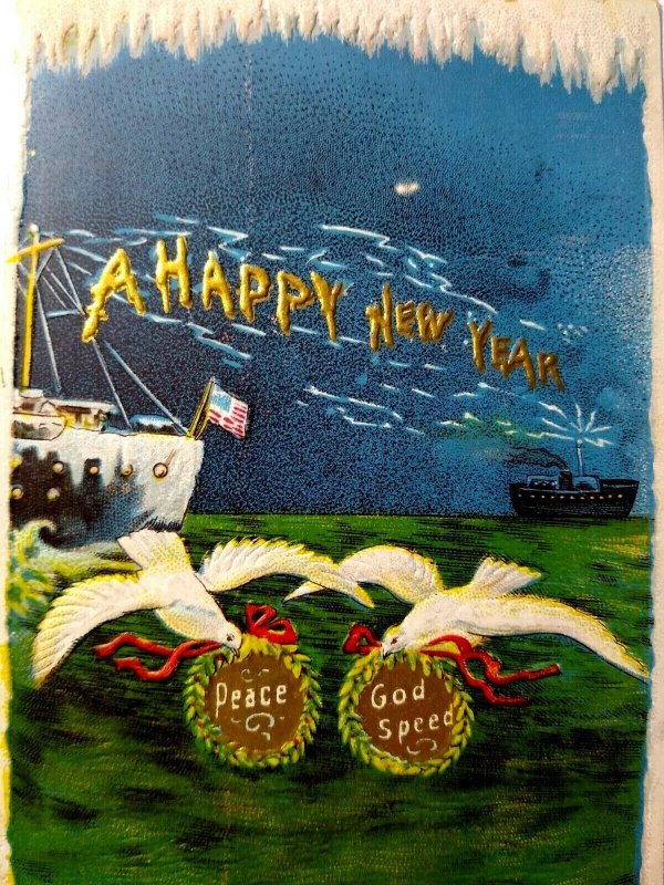 Antique New Years Postcard Ship Boats Harbor Seagulls Peace God Speed Series 209