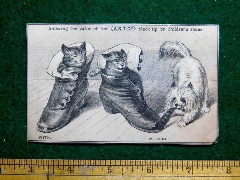 1870s-80s Cute Cats Sleeping In Shoes & Dog A.S.T. Co Black Tip Shoes Card F28