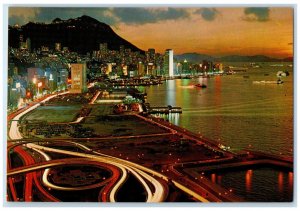 c1960's Beautiful Dusk Scene of Victoria Hong Kong Vintage Postcard