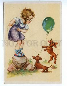 221628 GERMANY girl w/ dachshund dogs balloon Old postcard