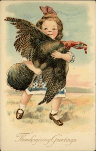 Thanksgiving Little Girl Carrying Turkey Gel Gelatin c1910 Vintage Postcard