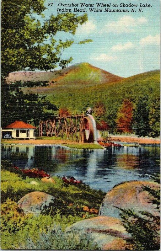 Overshot Water Wheel Shadow Lake Indian Head White Mountains N.H. Postcard Vtg 