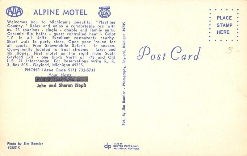 Gaylord Michigan~Alpine Motel~US & Canadian Flags~1960s Postcard