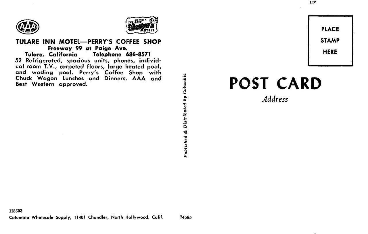Tulare, CA TULARE INN MOTEL Perry's Coffee Shop Roadside 1960s Vintage
