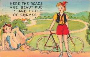 BEAUTIFUL SHAPELY WOMEN-BICYCLE-ROADS ARE BEAUTIFUL-FULL OF CURVES~1941 POSTCARD