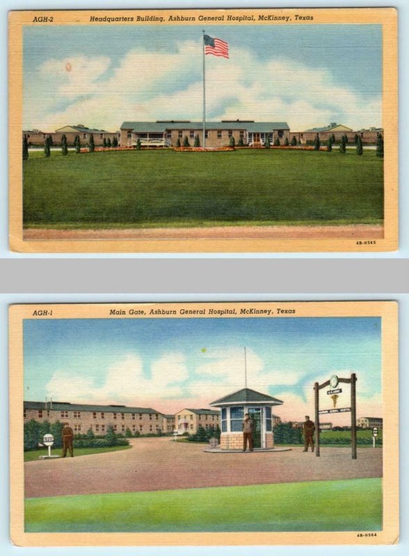 2 Postcards McKINNEY, TEXAS  Main Gate & Headquarters ASHBURN GENERAL HOSPITAL