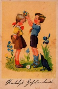 Two Cute Kids With Flowers Vintage Postcard 09.88