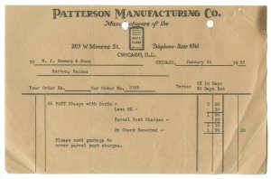 Patterson Manufacturing Co. Chicago, ILL Vintage January 22, 1932 Invoice