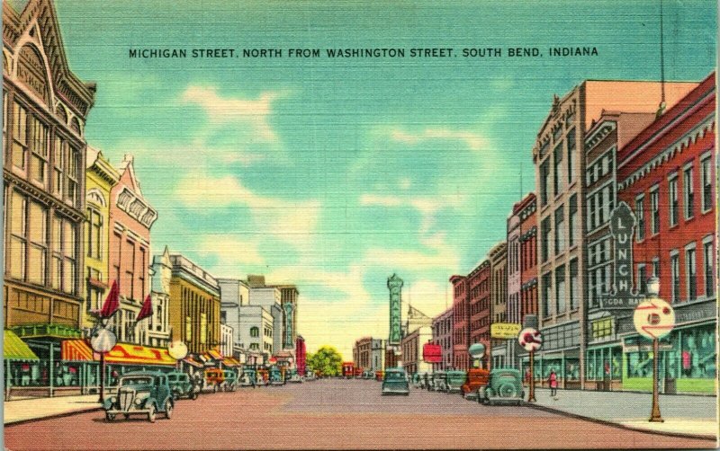 Vtg Linen Postcard South Bend IN Indiana Michigan Street North from Washington