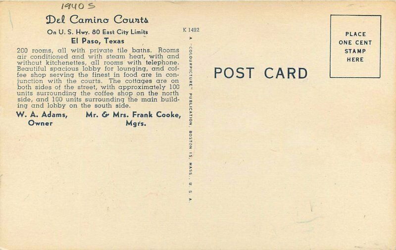 Texas El Paso Del Camino Courts 1940s Colorpicture roadside Postcard 22-5083