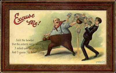 Men Bowling Fat Man Skinny Man Beer Comic c1910 Old Postcard
