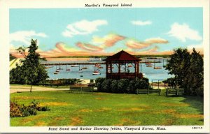 Vtg Vineyard Haven MA Band Stand and Harbor Showing Jetties 1940s Linen Postcard