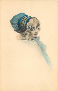 Hand Colored Art Postcard; Pretty Blonde Girl Fancy Blue Hat, Art de Vienne 1838