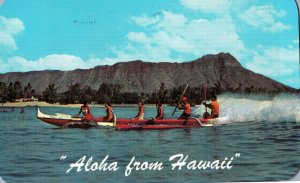 VINTAGE POSTCARD ALOHA FROM HAWAII OUTRIGGER CANOE AT WAIKIKI HAWAII 1961