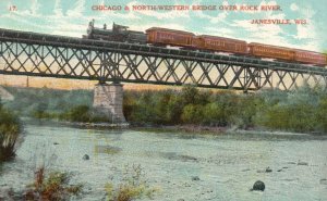 Chicago Bridge Over Rock River Janesville Wisconsin WI Train Postcard c1910