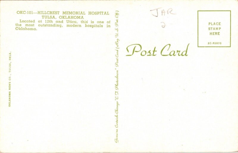 Hillcrest Memorial Hospital Tulsa Oklahoma OK Postcard UNP VTG Unused Unused 