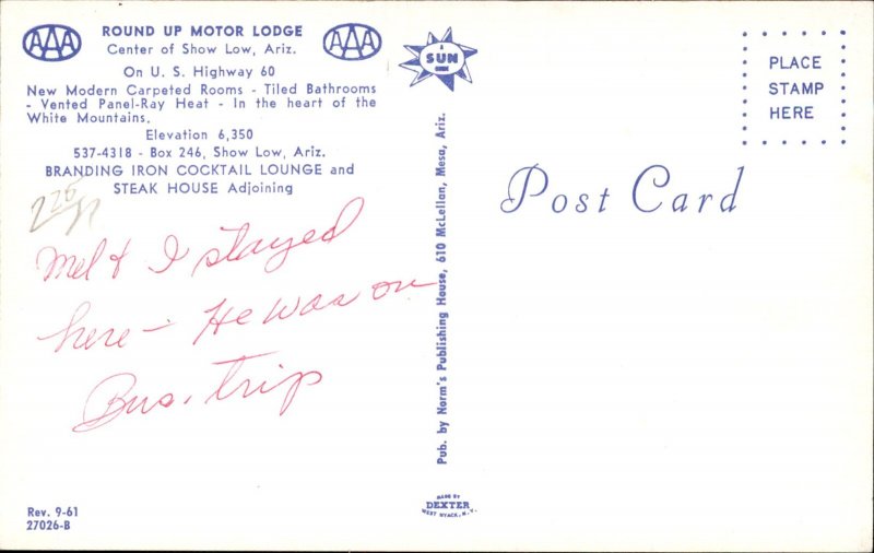 Show Low AZ Arizona Round Up Motor Lodge c1950-60s Vintage Postcard