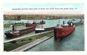 Freighters Waiting Their Turn to Enter the Locks, Sault Ste Marie, MI Postcard