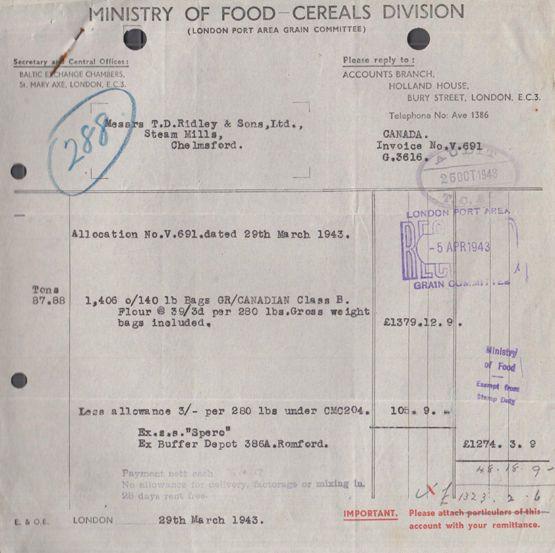 Ministry Of Food Cereals Canada Flour for Essex Brewery WW2 War Receipt Ephemera