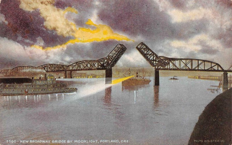 PORTLAND, OR Oregon  NEW BROADWAY DRAW BRIDGE~Night & Open BOAT c1910's Postcard