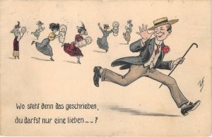 Lot173 man run by women with children comic postcard germany lover hannover