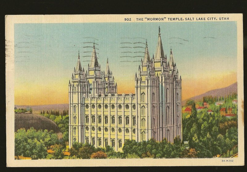 USA Postmark 1956 Evanston WYO. Mormon Temple Salt Lake City Utah Linen Postcard