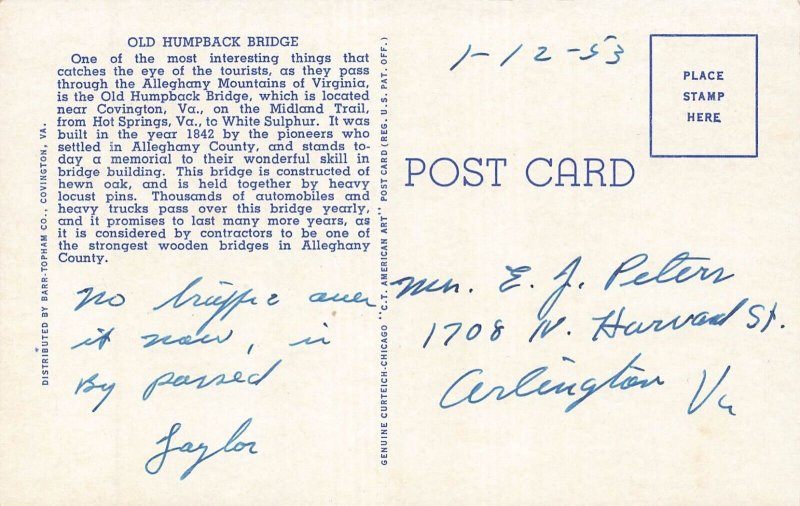 COVINGTON VIRGINIA VA~HUMPBACK COVERED BRIDGE-MIDLAND TRAIL~1953 VINTAG POSTCARD
