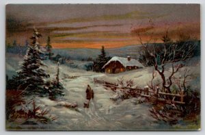 Christmas Greeting Sunset Scene Snow Covered Cabin German Ser 6312 Postcard K46