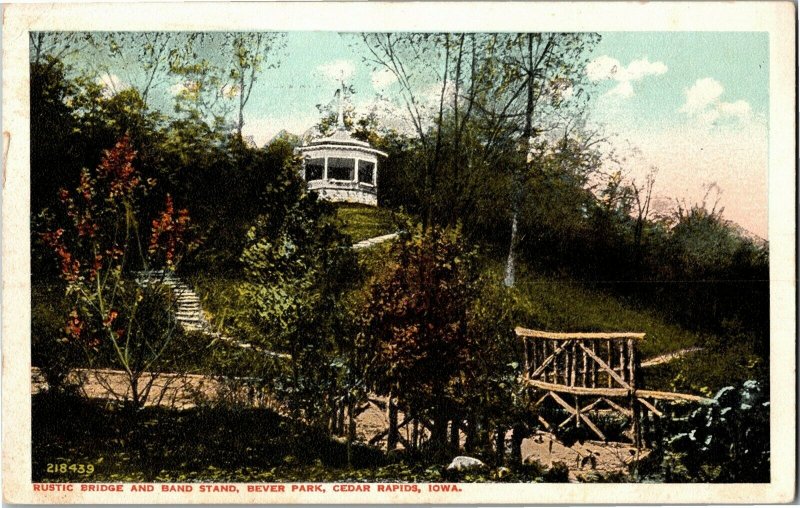 Rustic Bridge and Band Stand, Bever Park, Cedar Rapids IA Vintage Postcard E40