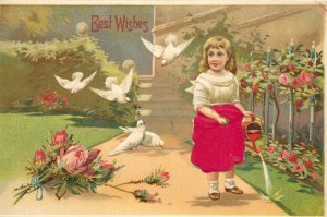 Postcard Silk Applique Best Wishes; Doves, Little Girl Waters Roses Embossed