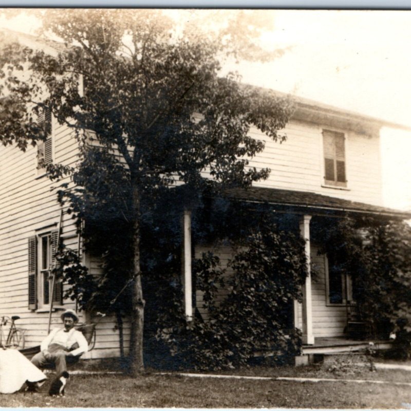 c1910s Vernacular Farmhouse Style House RPPC Couple on Hammock Photo Girl A156