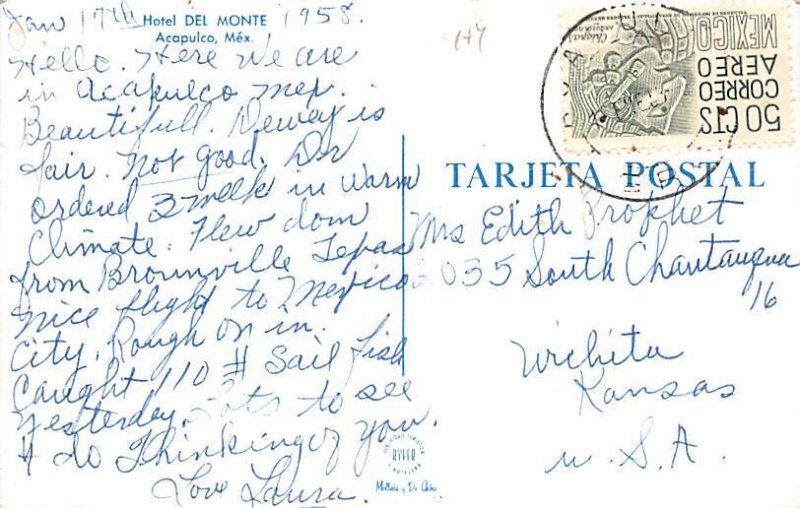 Hotel Del Monte Acapulco Mexico Tarjeta Postal 1958 