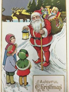 Santa Claus Christmas Postcard Children Walking Stick Reindeer Bag of Toys Xmas